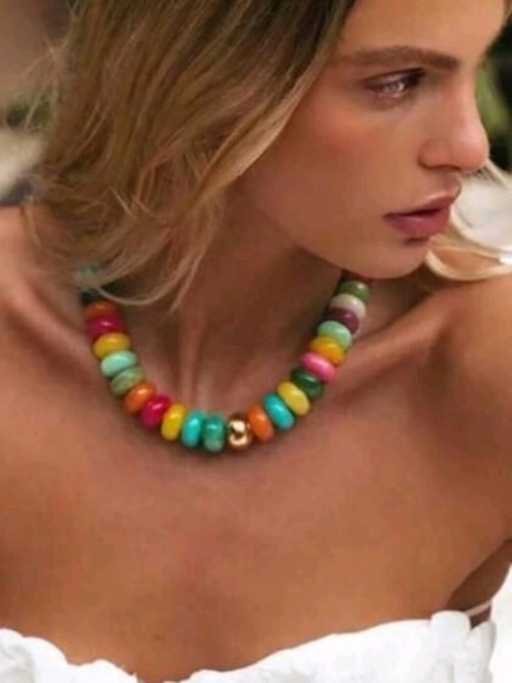NEW! Stunning Multicolor Chunky Bead Necklace With Gold Accents- Women Jewelry
